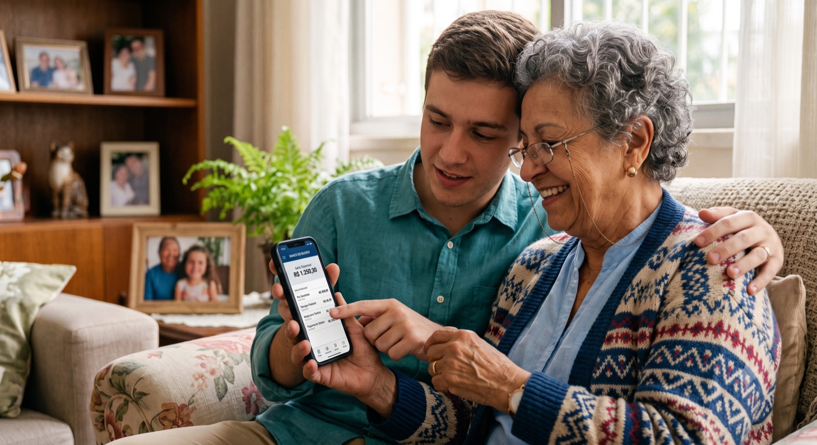 Duas pessoas lado a lado olhando o mesmo celular, em um momento de ajuda genuína, próxima e calorosa
